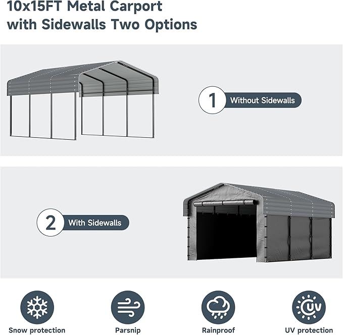 10x15FT Metal Carport Kits with Galvanized Steel Roof, Heavy Duty Metal Frame Carports Canopy with Removable Sidewalls, Garage Car Tent Shelter for Tractors, Boat, Car, Gray