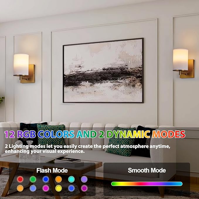 TERLEENART Battery Operated Wall Sconce Set of Two,13 RGB Colors Dimmable Rechargeable Wall Sconces with Remote Control,Wall Lights with Cylinder White Fabric Shade for Bedroom Living Room