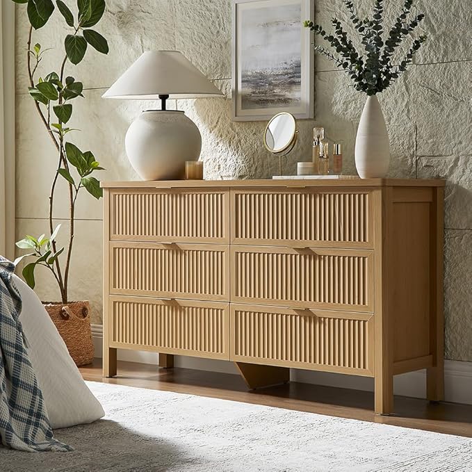 Fluted 6 Drawers Dresser for Bedroom, 55 Inch Wide Modern Wood Chest of Drawers, Mid Century Chests Drawer Clothing Organizer for Hallway (Natural Oak)