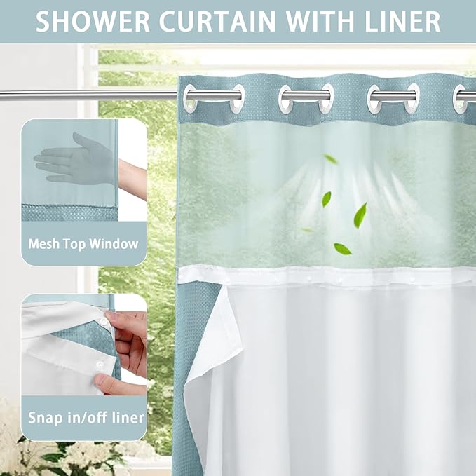 YellyHommy No Hook Shower Curtain with Snap in Liner Set Less Waffle Shower Curtain for Bathroom (Cyan, 81" L x 72" W)