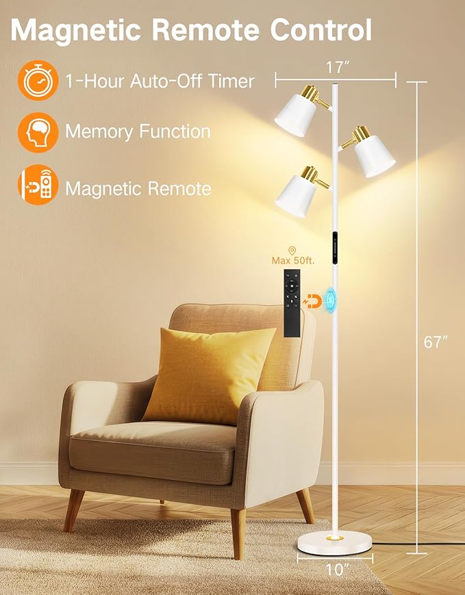 OUTON LED Tree Floor Lamp, Modern Dimmable Standing Lamp with Remote & Touch Control, 4 Color Temperatures, 3 Rotatable Lights Floor Lamps for Living Room, Bedroom, Office, White & Gold