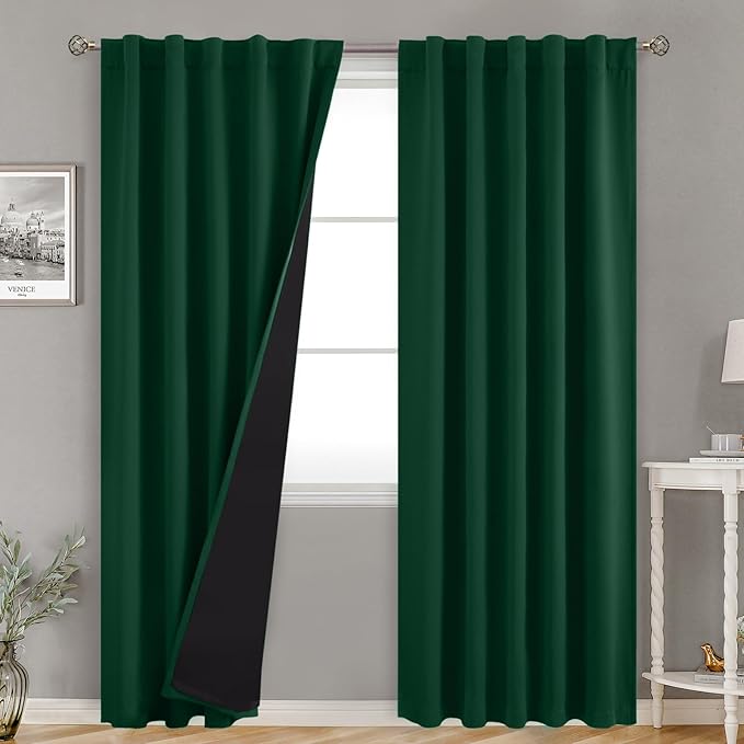 BGment Emerald Green Blackout Curtains with Liner, 100% Blackout Thermal Insulated Rod Pocket and Back Tab Double Layer Noise Reduce Room Darkening Curtains for Bedroom (42 x 84 Inch, 2 Panels)