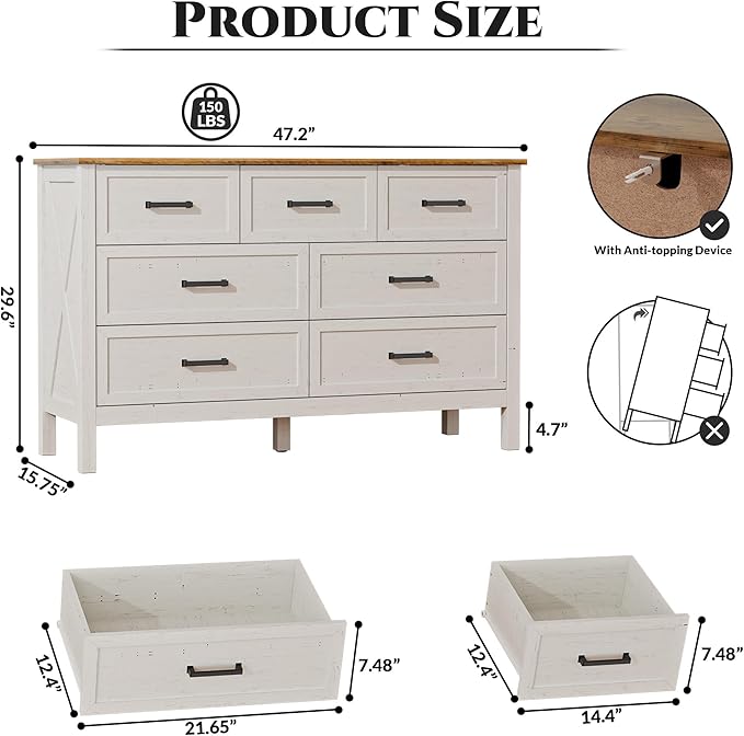 LYNSOM Farmhouse 7 Drawers Dresser for Bedroom, Wood Rustic Wide Chest of Drawers with Deep Drawers, Metal Handle, Storage Dressers Organizer for Entryway, Hallway, Antique White