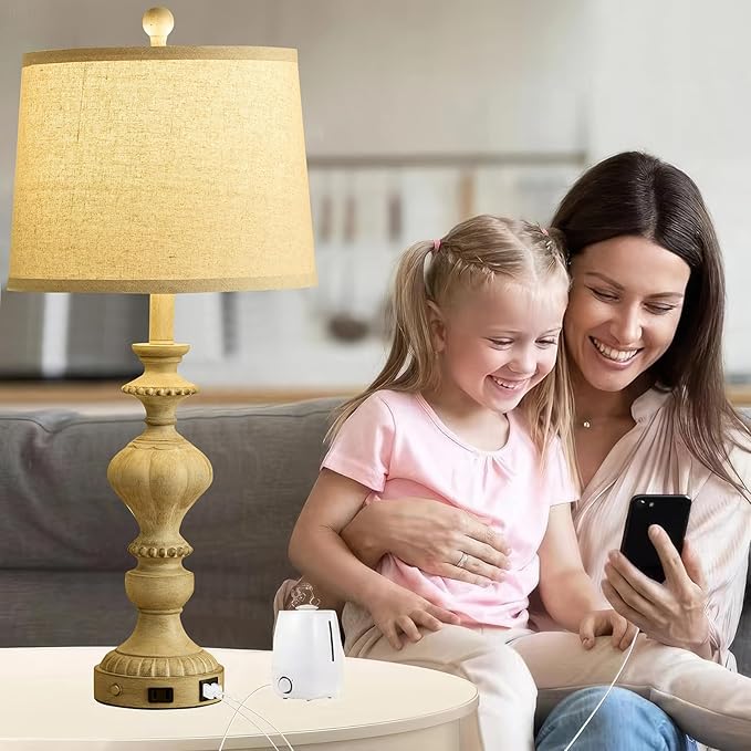 27.5" Farmhouse Table Lamps Set of 2 Bedside Nightstand Lamp with USB C+A Ports & AC Outlet, 3 Way Dimmable Touch Lamps for Bedroom Living Room Office Rustic Lamp (Gray)