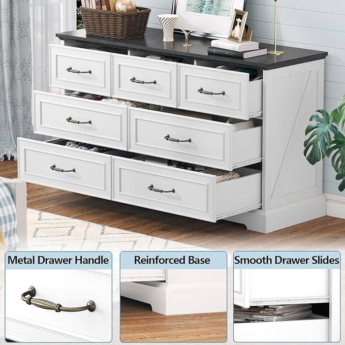 Dresser for Bedroom with 7 Drawer, Farmhouse Dresser for Closet, 47'' Wide Rustic Wooden Chest of Drawers with Natural Wood Texture, Vintage Storage Organizer for Living Room, Hallway, White