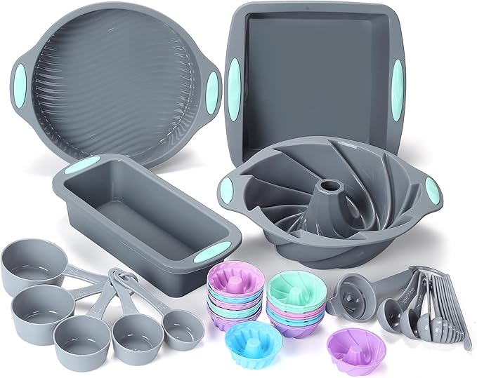 To encounter 45 Pieces Silicone Bakeware Set, Heat Resistant Baking Pans, Nonstick Baking Molds for Cake, Bread and Cupcake, with Measuring Cups and Spoons Set, Light Grey