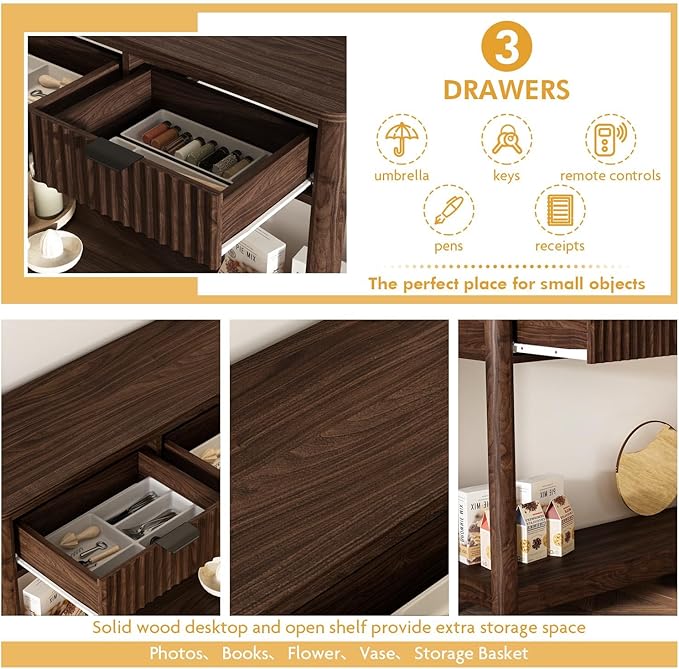 RUSTOWN Fluted Wood Console Table with 3 Drawers, Boho Narrow Behind Couch Entryway Table with Open Storage Shelf, Modern Sofa Table for Living Room, Foyer and Hallway (Dark Walnut)