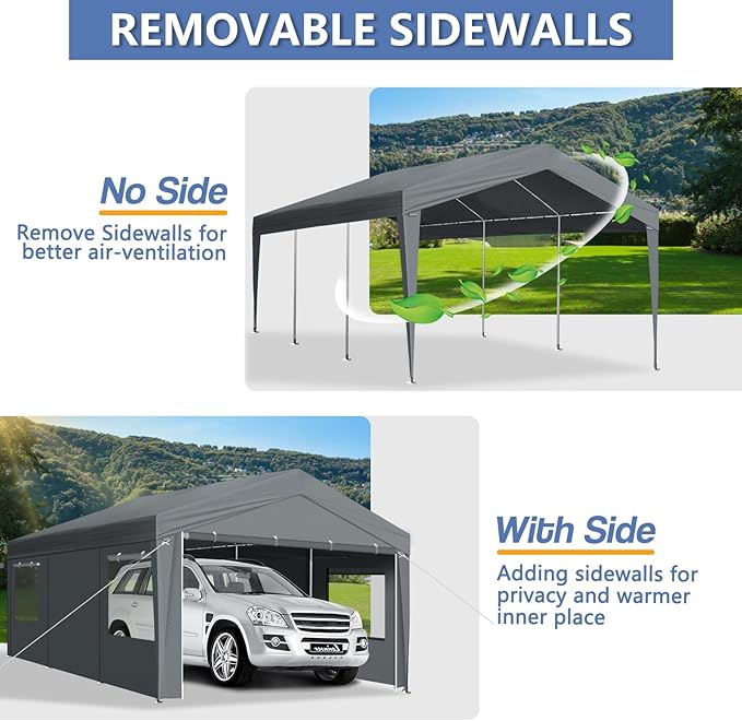 VINGLI 10x20 Carport Canopy Portable Garage with Roll-up Windows & Removable Sidewalls, Car Canopy Heavy Duty Car Port Tent for SUV, Boats, RVs, Trucks