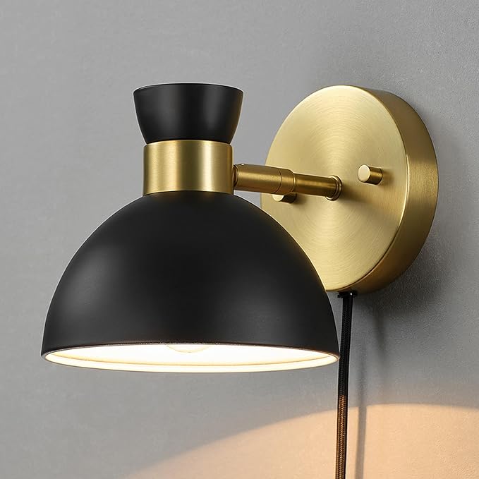 GLOBE Electric 65000100 1-Light Plug-in or Hardwire Wall Sconce, Matte Brass, Black Pivoting Metal Shade, 6ft Black Cord, in-Line Rocker Switch, Wall Lights for Living Room, Hanging Lamp