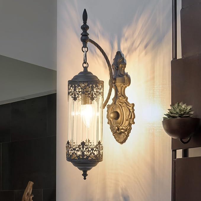 Rustic Glass Wall Sconce Mini Vintage Antique Gothic Wall Light Fixture Retro Farmhouse Mid Centry Lantern Wall Sconce for Bedroom, Hallway, Living Room, Mirror, Black, E12