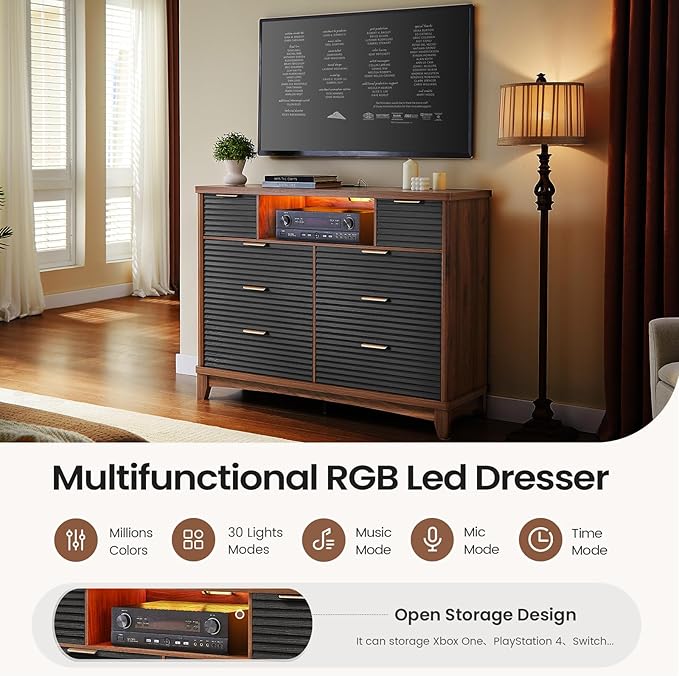 AOGLLATI Black Dresser for Bedroom with Slanted Louvre Design,Retro Chest of Drawers with Charging Station, Wooden Led Wide Tall 8 Drawer Dresser for Bedroom,Living Room, Hallway, Black & Brown