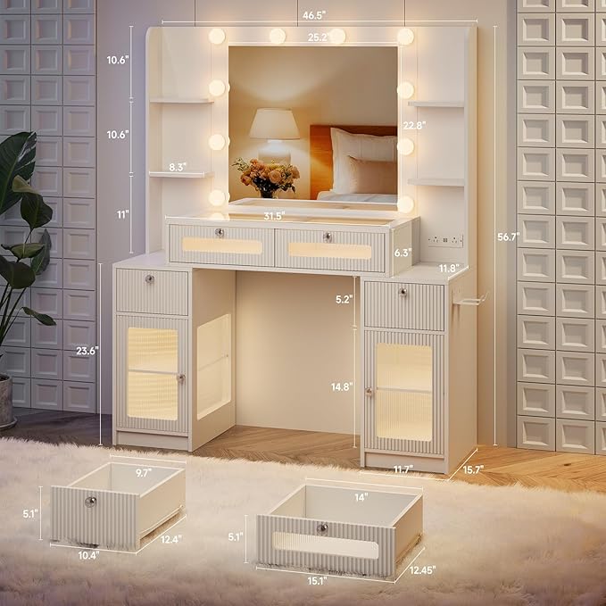 Vanity Desk with Mirror and Lights 3 Colors, 47" Glass Top Fluted Makeup Vanity Desk with Lights & Power Outlet for Bedroom, Dressing Table with 4 Lighted Drawers and 2 storage cabinets, White