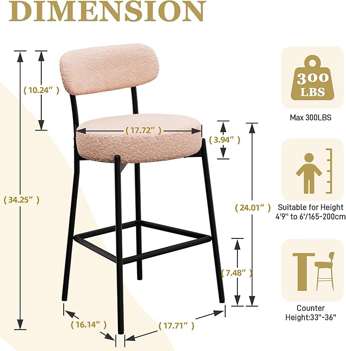 DYHOME Bar Stools Set of 4, 24 Inches Modern Counter Height Bar Stools with Curved Back Metal Legs, Beige Upholstered Boucle Barstools for Kitchen Island, Cafe