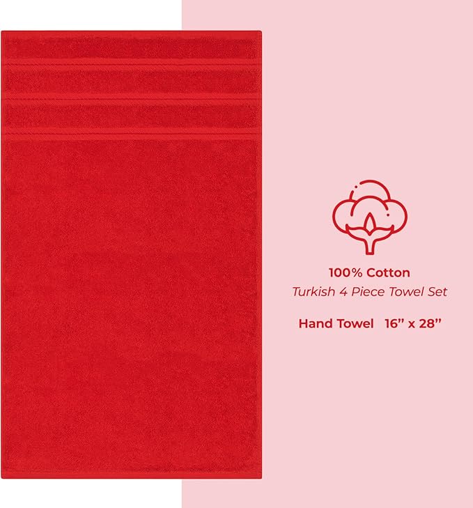 American Soft Linen Luxury Hand Towels for Bathroom, 600 GSM 100% Cotton Turkish 4 Piece Hand Towel Set, 600 GSM Hand Face Towels for Kitchen, Red Hand Towels
