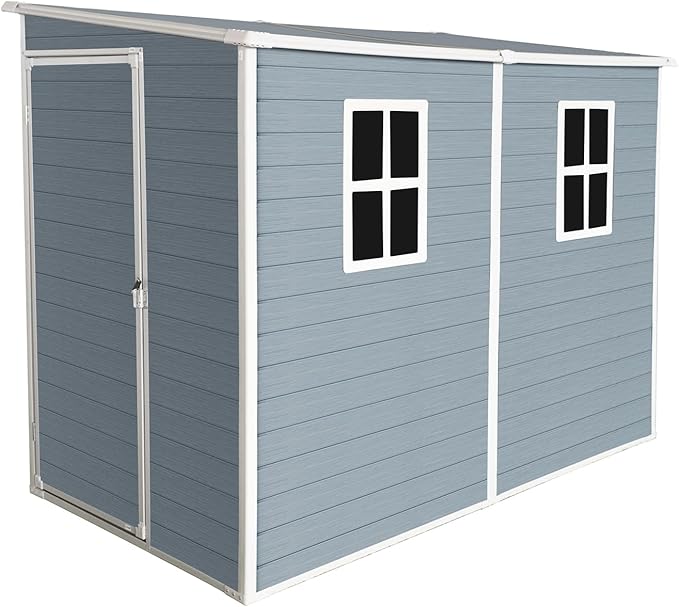 4x8 FT Outdoor Storage Resin Shed with Floor, Waterproof Plastic Garden Tool Shed with Windows, Vents & Lockable Door and Sloped Roof, Easy to Assemble Bike Shed for Patio, Backyard, Lawn, Grey