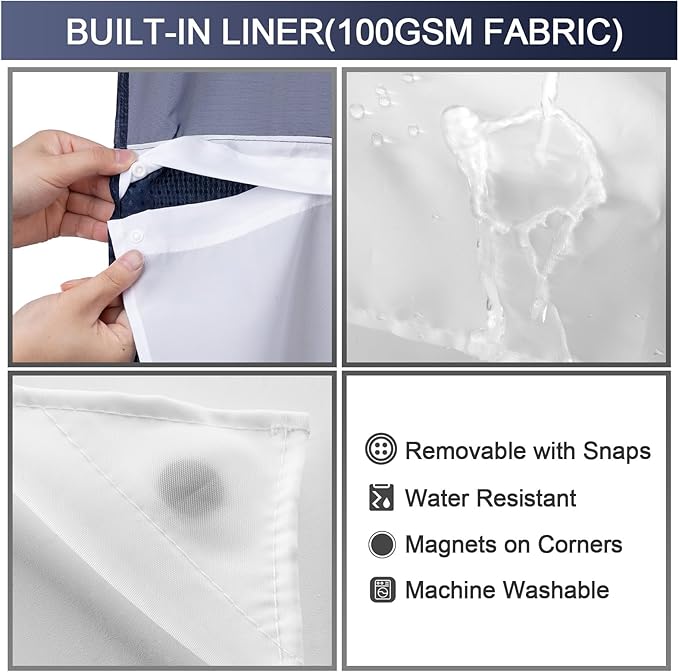 YellyHommy No Hook Shower Curtain with Snap in Liner Set Less Time Navy Blue Waffle Shower Curtain for Bathroom 81" L x 72" W