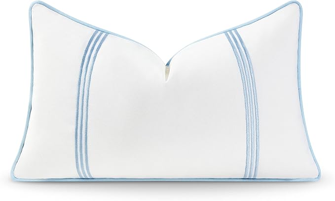 Hofdeco Premium Coastal Hampton Style Patio Indoor Outdoor Lumbar Pillow Cover Only, 12"x20" Water Resistant for Backyard, Couch, Baby Blue Embroidered Vertical Line
