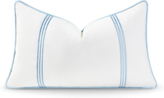 Hofdeco Premium Coastal Hampton Style Patio Indoor Outdoor Lumbar Pillow Cover Only, 12"x20" Water Resistant for Backyard, Couch, Baby Blue Embroidered Vertical Line