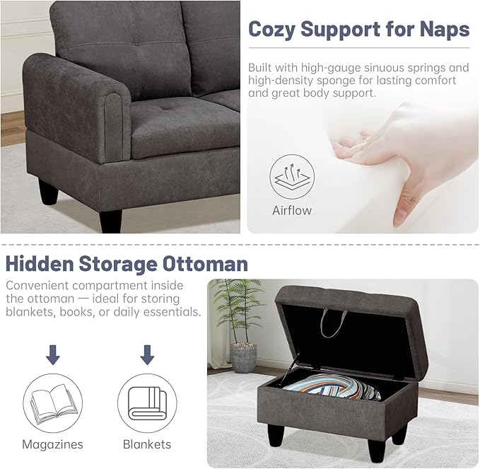 L-Shape 3-Piece Cloud Sofa, Couch for Living Room, Dark Brown Fluffy Fabric L-Shape with Reversible Chaise & Storage Ottoman, Ergonomic 110–115° Recline, Solid-Wood Frame