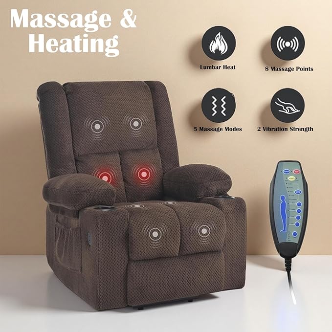 Electric Power Lift Recliner Chair,Reclining Chair with 8 Massage,2 Cup Holders,Side Pockets,USB Charge Port,Remote Control for Living Room,Bedroom,Chocolate