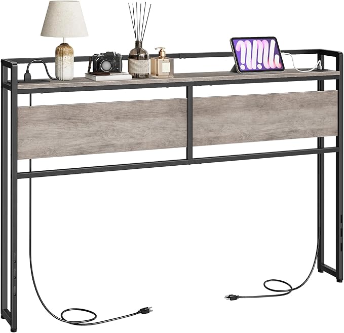 HOOBRO Queen Size Headboard, Headboard with 2 Outlets and 4 USB Ports, Adjustable Height, Storage Rack, Sturdy and Stable, Easy Assembly, Greige and Black