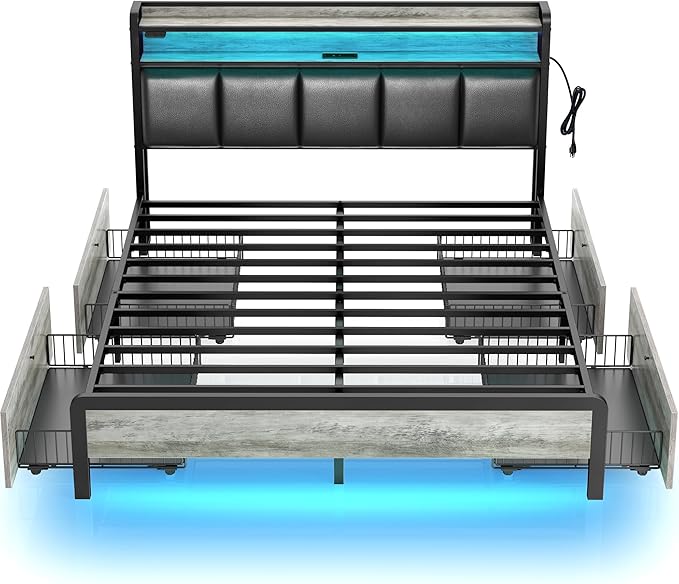 Rolanstar Bed Frame Queen Size with Charging Station and LED Lights, Upholstered Storage Headboard with Drawers, Heavy Duty Metal Slats, No Box Spring Needed, Easy Assembly, Vintage Grey and Black