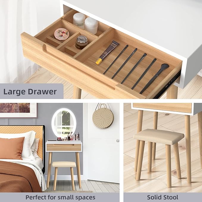 YOURLITE Makeup Vanity Table Set with 3 Modes Adjustable Lighted Mirror Cushioned Stool, Dressing Table for Small Space