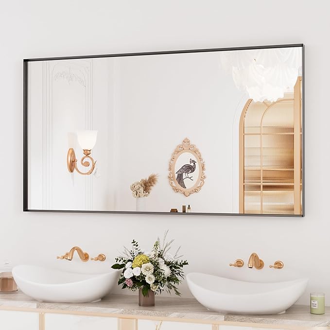 Bathroom Mirror Black, 55x30 Inch Large Matte Black Bathroom Vanity Mirror,Rectangle, Square Corner, Anti-Rust,Shatter-Proof, Bedroom, Living Room, Entryway, Wall-Mounted(Horizontal/Vertical)