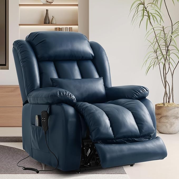 TEKAMON Power Lift Recliner Chair for Elderly with Heat & Massage, Dual Motor Breathable Leather Recliner, Lay Flat Sleeping Chairs with Infinite Position, RemoteControl(Deep Blue, Extended)