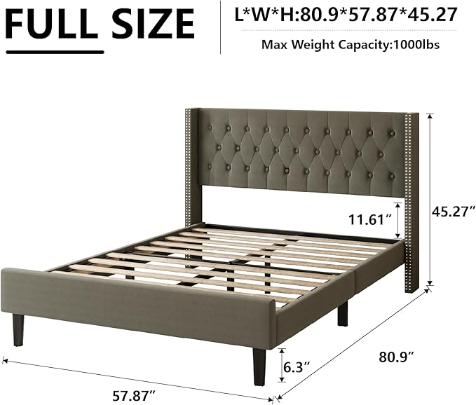 Full Size Bed Frame, Upholstered Platform Bed with Wingback Headboard, Velvet Button Tufted, Easy Assembly, No Box Spring Needed, Green
