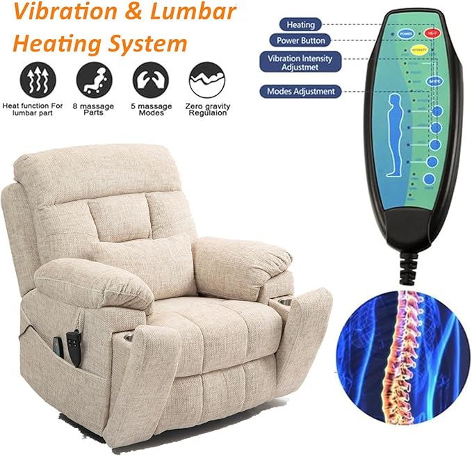 Large Power Lift Recliner Chair with Massage and Heat for Elderly, 26in Extra Wide Recliner Chair with Cup Holder Support Big and Tall People, 400lbs Capacity Adults (Cream Chenille)