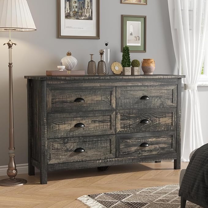 Wananlanen® Farmhouse Dresser for Bedroom, Wooden Tall Rustic Dresser for Bedroom, Hallway (Dark Oak, 6 Drawer)