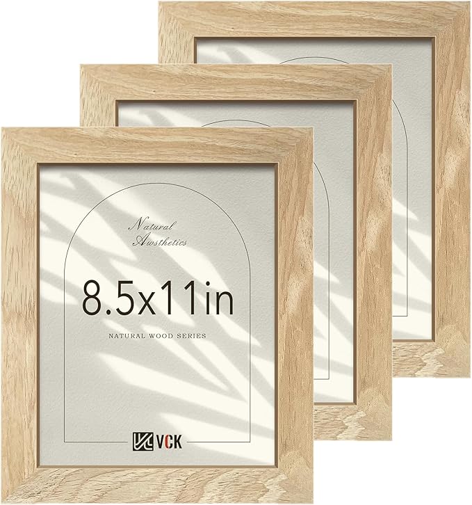 VCK 8.5x11 Natural Picture Frames 3 Pack, High-End Wood Wide Border Poster Frame,Tabletop & Wall Hanging, Multi-Directional Display Family Photos, Office Prints, Studio/Gallery/Home Artwork
