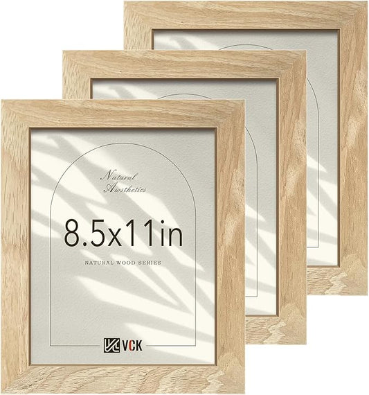 VCK 8.5x11 Natural Picture Frames 3 Pack, High-End Wood Wide Border Poster Frame,Tabletop & Wall Hanging, Multi-Directional Display Family Photos, Office Prints, Studio/Gallery/Home Artwork