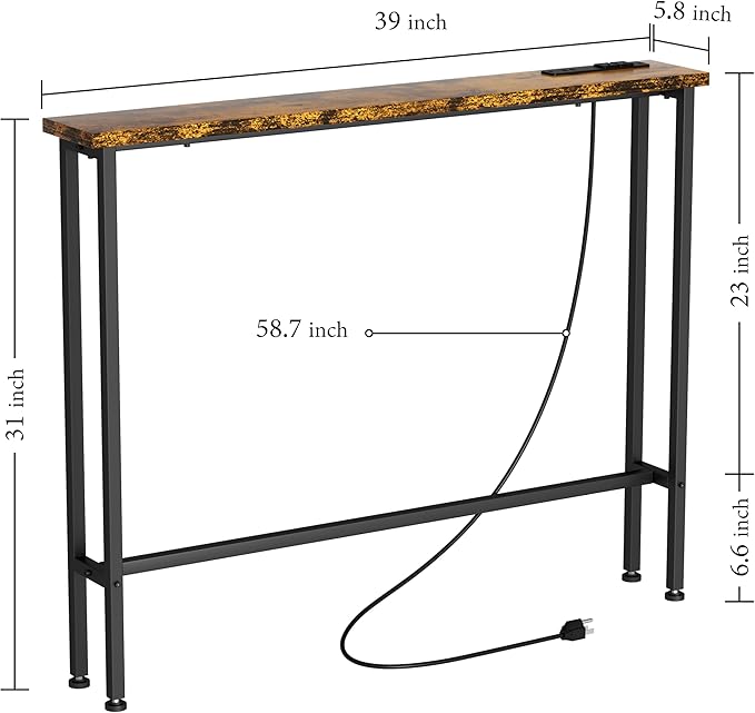 GRLEAF 39" Narrow Console Sofa Table with Built-in Power Strip (4 AC Outlets & 4 USB Ports) – 4.9ft Power Cord, Metal Frame, Easy Assembly, Ideal for Behind Couch, Hallway, and Office | Rustic Brown