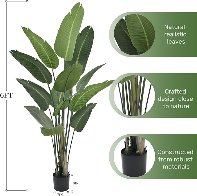 6FT Artificial Bird of Paradise Tree 70 Inch Tall Faux Silk Plants Banana Leaf with 13 Trunks in Black Pot for Home Decor Living Room Office Bedroom