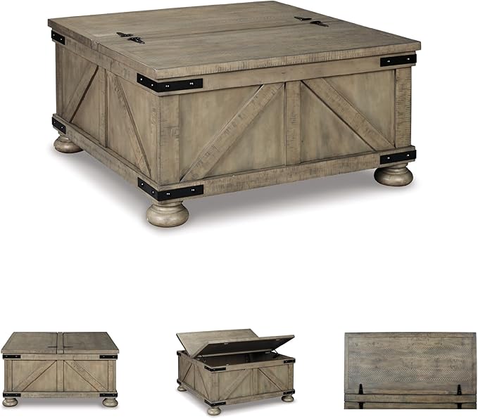 Signature Design by Ashley Aldwin Farmhouse Square Coffee Table with Lift Top for Storage, Grayish Brown