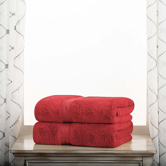Superior Egyptian Cotton Pile Bath Towel Set of 2, Ultra Soft Luxury Towels, Thick Plush Essentials, Absorbent Heavyweight, Guest Bath, Hotel, Spa, Home Bathroom, Shower Basics, Red