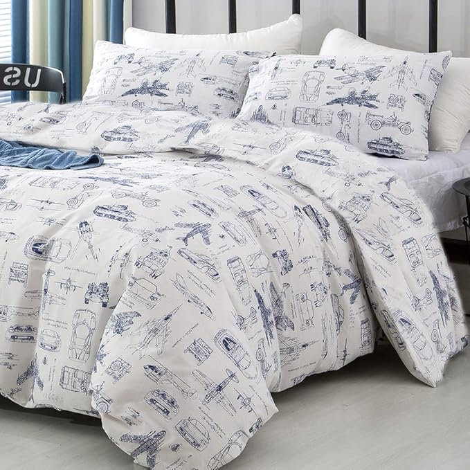 CLOTHKNOW Kids Twin/Twin XL Comforter Set Cartoon Bedding Comforter Sets Cars Blue White Comforter Toddler BeddingTwin Tank Aircraft Pattern