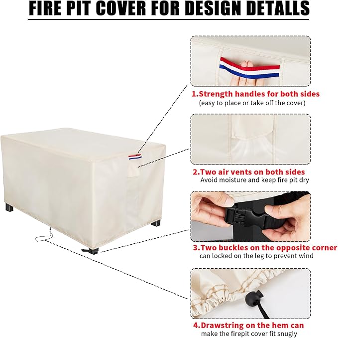 Youlvy Fire Pit Cover Rectangular 58 Inch - Waterproof Outdoor Fire Table Cover Rectangle Heavy Duty, 600D Patio Propane Gas Firepit Cover Rectangular Tear Weather Resistant - 58 x 20 x 18 Inch Beige
