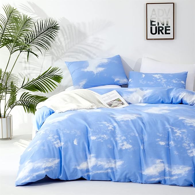 CLOTHKNOW Blue Sky Queen Size Comforter Set White Cloud Bedding Comforter Sets Blue Queen Comforter Soft Blue Comforter with 2 x Pillow Cases