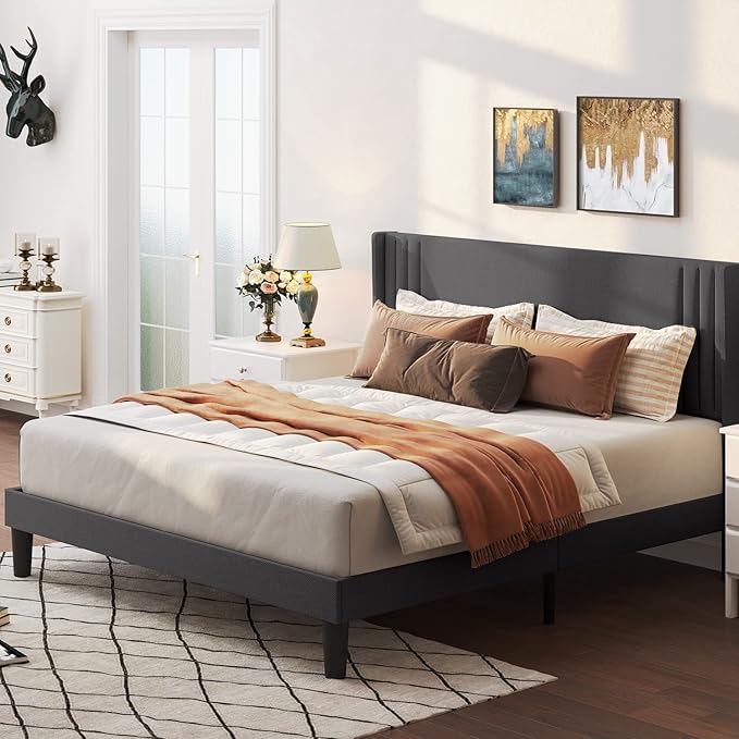 Gizoon Full Bed Frame with Wingback Headboard, Upholstered Platform Bed with Modern Geometric Headboard, Wooden Slats, Noise-Free, No Box Spring Needed