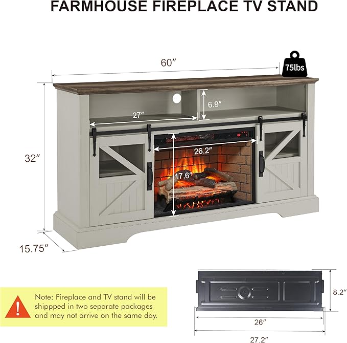 Fireplace TV Stand for 70" TV, Farmhouse Entertainment Center with 26” Fireplace Heater, Auto-Power-Off Door Sensor, TV Console with Sliding Barn Door, Adjustable Shelves, Jasmine White