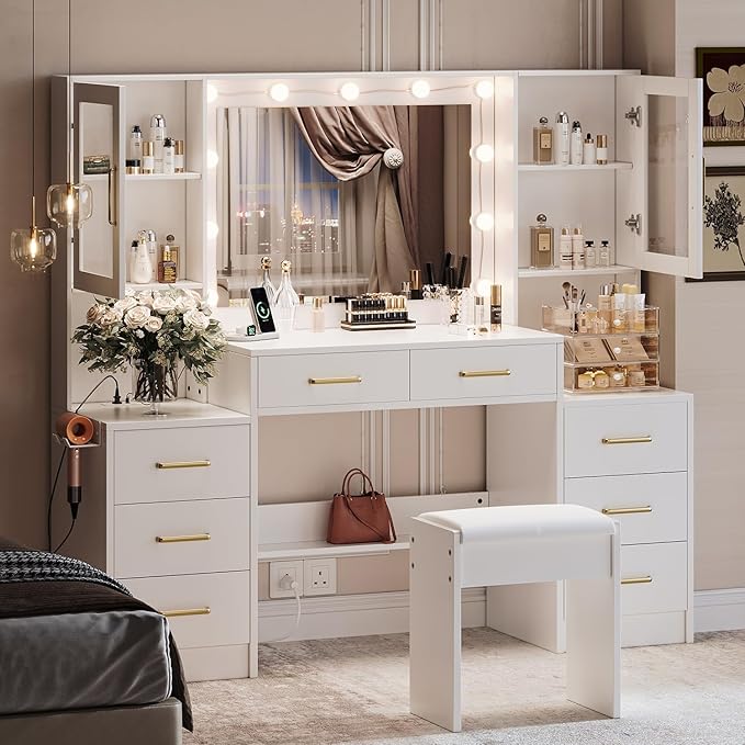 White Vanity Desk with Mirror, Lights & Charging Station, 58.3" 3 Lighting Modes Makeup Desk with 8 Drawers, 2 Cabinets and Lots Storage, Dressing Table Vanity Set with Lighted Mirror