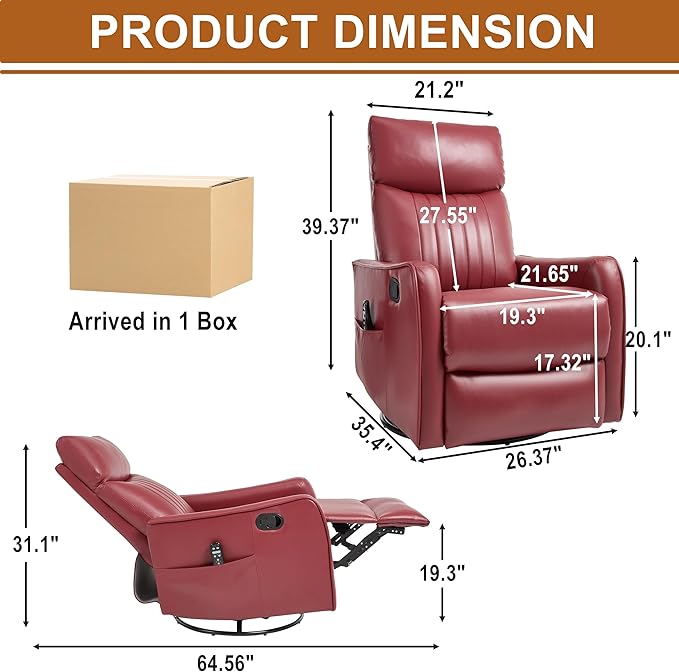 Manual Swivel Rocker Recliner Chair for Adults, Overstuffed Recliner Glider with Massage and Heat, Living Room Reclining Chair, PU Leather Red