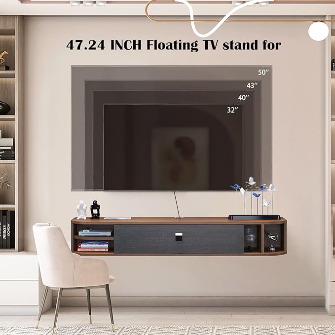 Pmnianhua Modern TV Console, 47'' Wall Mounted Under TV Shelf with Storage Shelves for Bedroom Living Room (Walnut)