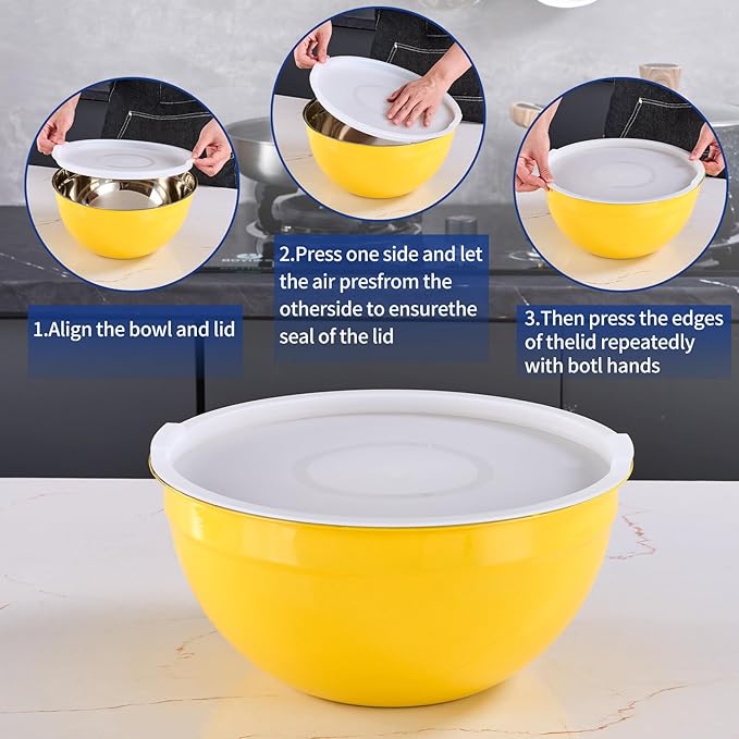 Yellow Mixing Bowls With Airtight Lids,Stainless Steel Bowl,Salad Bowls 7 Piece Colorful Nesting Bowl Yellow Kitchen Accessories,Size 7,3.6,2.7,2.1,1.5,1.1,0.8QT Stackable Design