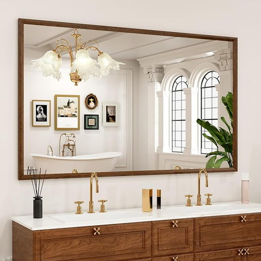 Rectangle Walnut Bathroom Mirror 60x36 Inch, Anti-Rust 4MM Tempered Glass, Modern Vanity Mirror for Bathroom, Horizontal or Vertical Wall Mount