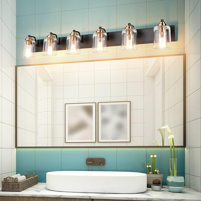 SOLFART Bathroom Vanity Light Black and Brass Bathroom Light fixtures Durable Glass Globe Vintage Stylish Lighting 6 Lights(8580)