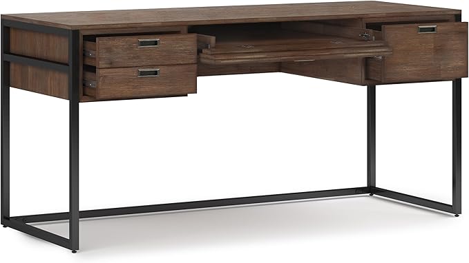 SIMPLIHOME Richmond Desk - 60-Inch Wide Solid Acacia Wood and Metal Writing Desk in Rustic Natural Aged Brown, Modern Industrial Home Office Computer Table with 2 Drawers and Flip-Down Keyboard Tray